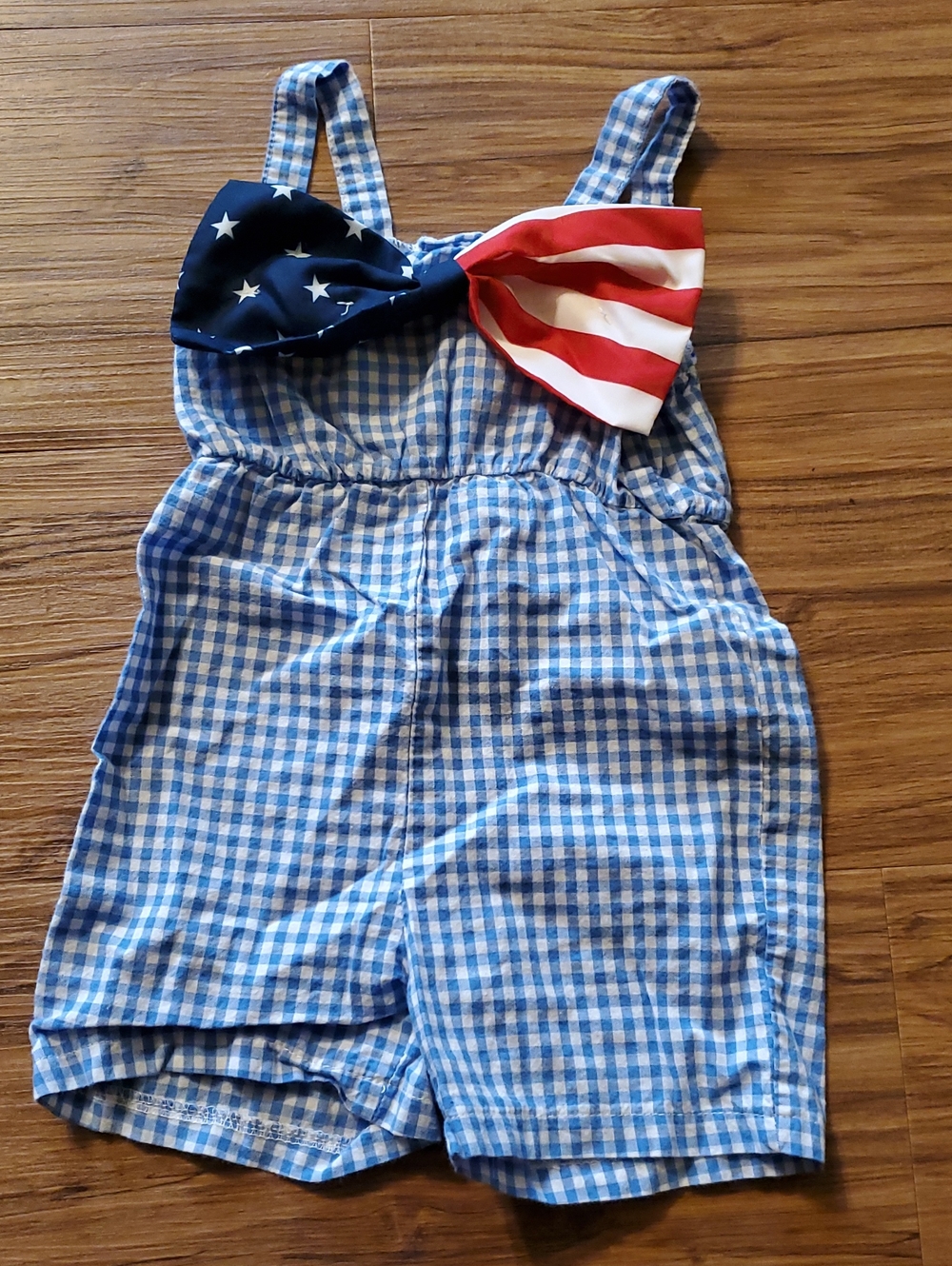 SHEIN Blue Gingham Romper with Stars & Stripes Bow